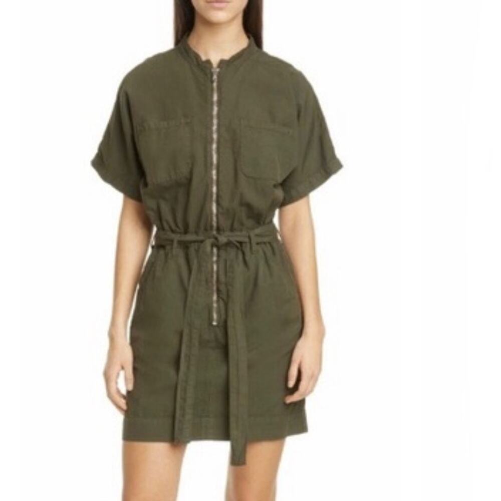 NSF Polly Utility Zip Front 100% Cotton Belted Mini Olive Green Dress